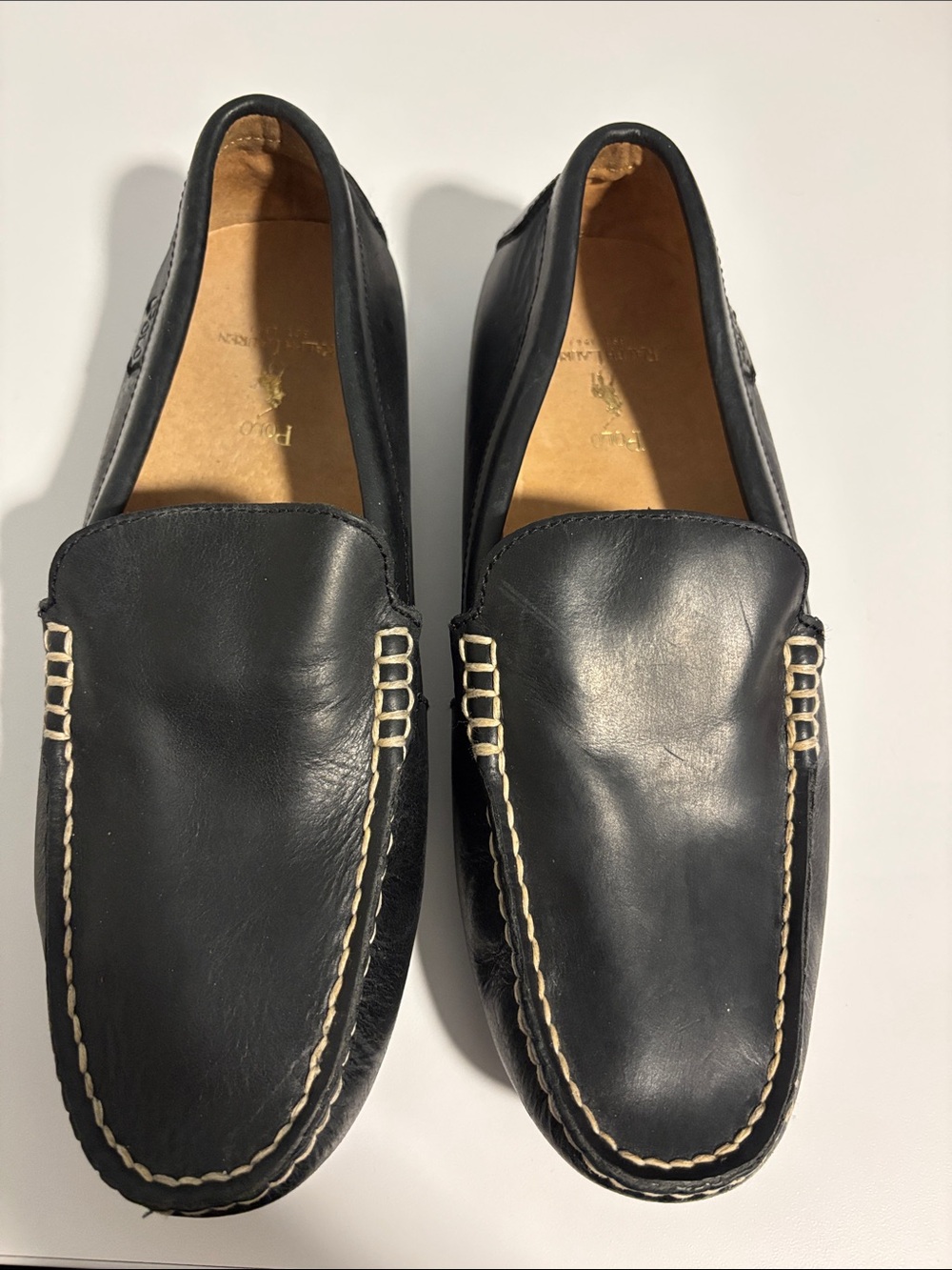 Polo Ralph Lauren Men’s Black Leather Slip-On Driving Loafers Cream Stitching 7D